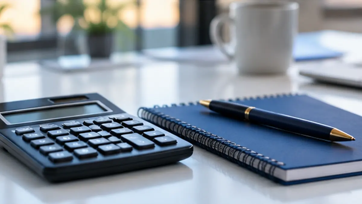 Calculadora y lápiz sobre una libreta roja