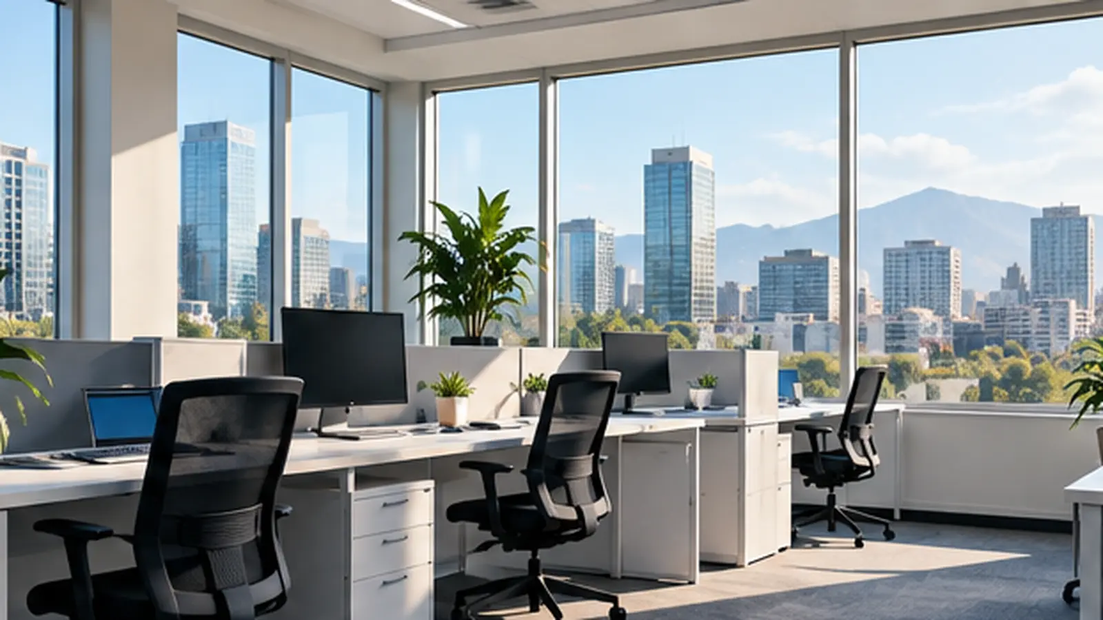 Oficina luminosa con escritorios ordenados y sillas ergonómicas